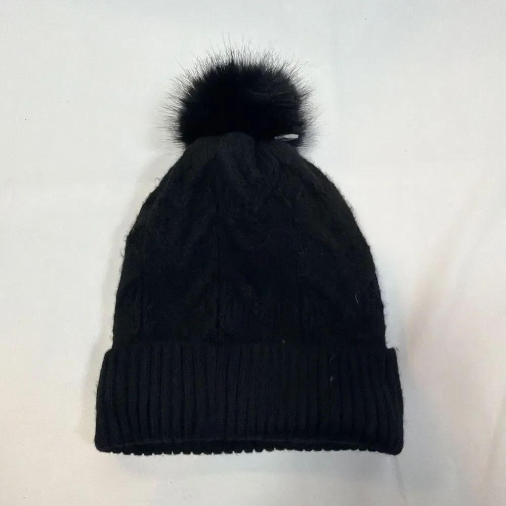 Cat & Jack Women’s Black Knit Beanie Hat Faux Fur Pom Pom Solid Casual One Size